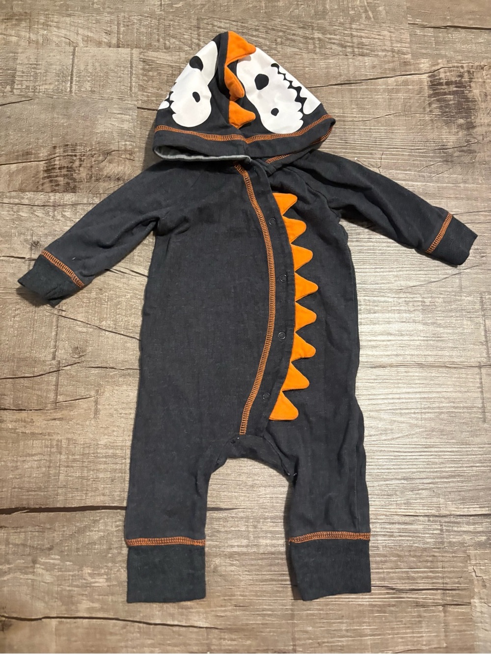 Infant Dino Hooded One-Piece Romper in Charcoal and Orange